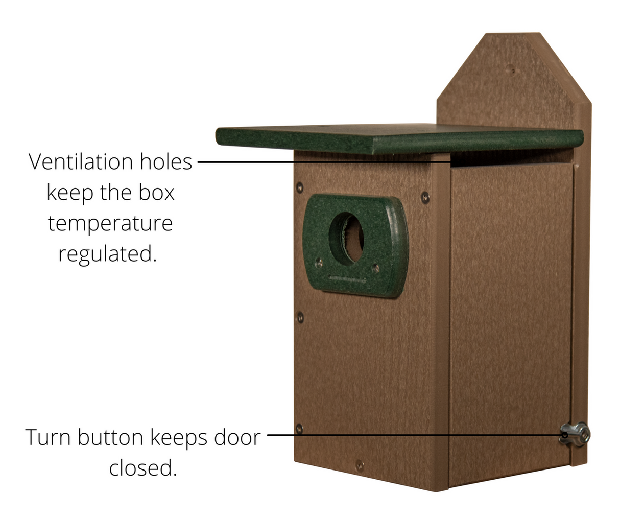 Recycled plastic birdhouse showing a green roof a brown body and a convenient side access door for cleaning.