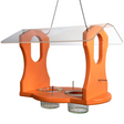 Wooden bird feeder with clear acrylic roof two glass cups and bright orange finish hanging against white background