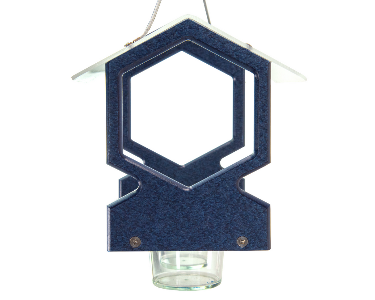 JCS Wildlife Geometric Hanging Bluebird Mealworm Feeder in blue, made from recycled materials, designed for bluebirds.