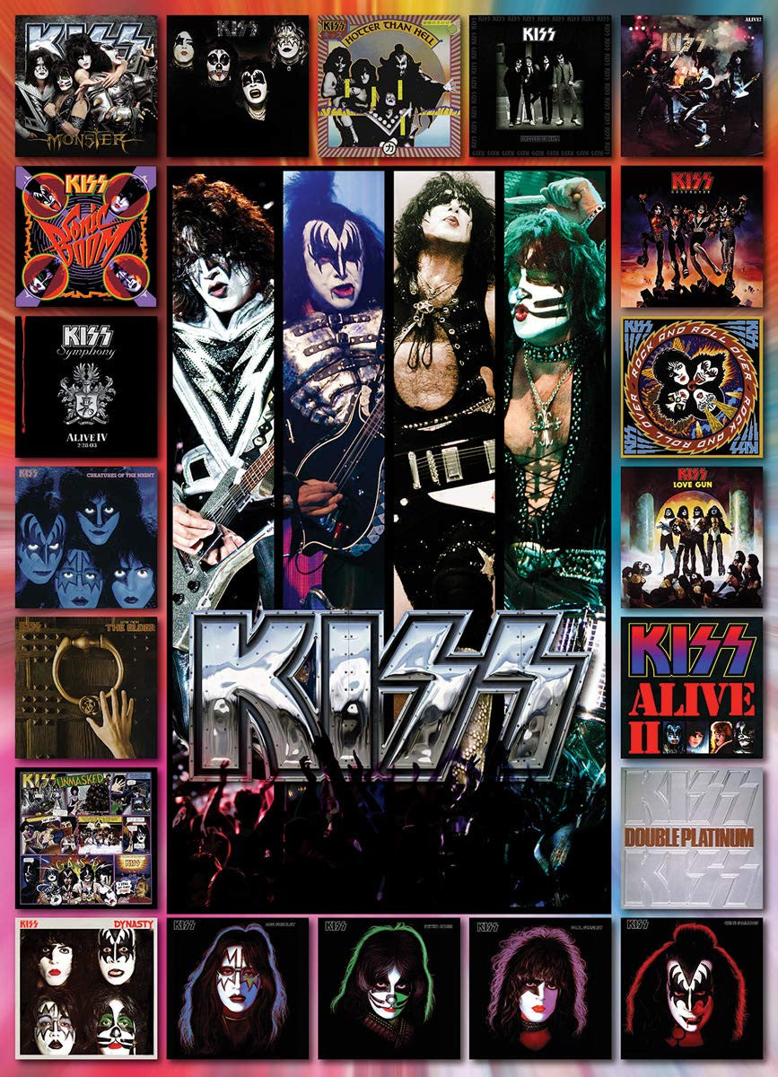 A collage by an unknown artist featuring Kiss album covers showcasing the band members in iconic makeup vibrant colors and the band's chrome logo