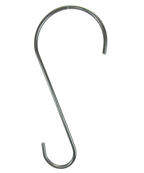 Product shot of a metal S-shaped hook showing its smooth curves and metallic sheen against a white background
