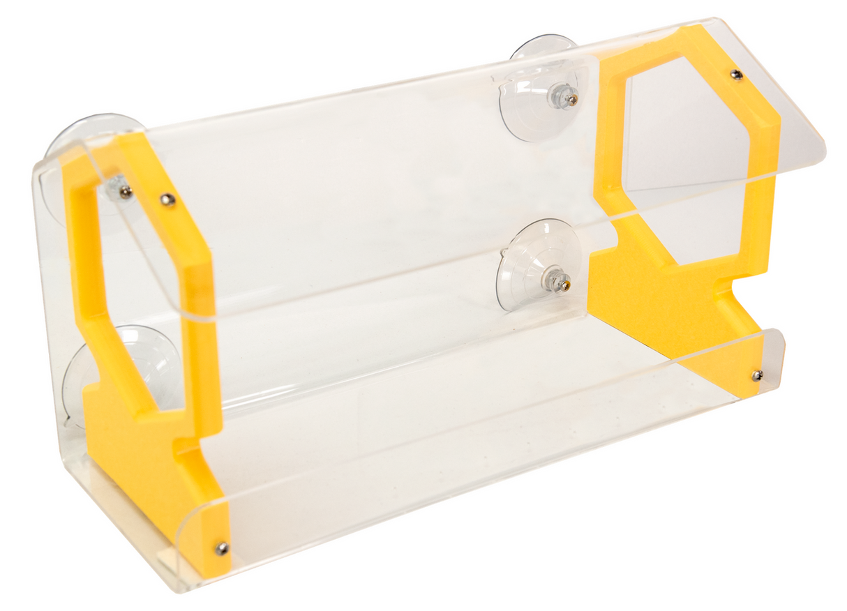 Acrylic and plastic bird feeder with yellow accents featuring suction cups clear panels and a protective roof