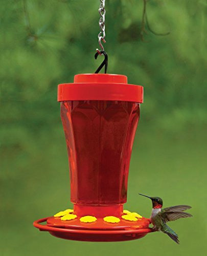 Product photo showing a red hummingbird feeder with yellow accents a ruby throated hummingbird and a metal chain hanging outdoors against a blurred green background
