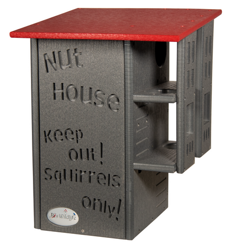 JG's Wildlife recycled plastic nut house with red roof features cut-out words keep out squirrels only and multiple perches for birds