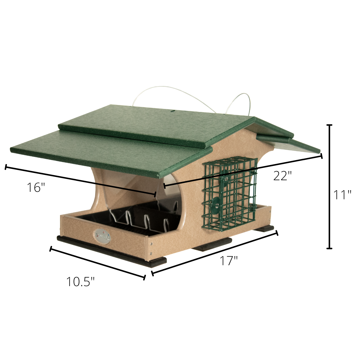 JCS Wildlife Hopper and Suet Feeder featuring large capacity, suet cake holder, and durable recycled materials.