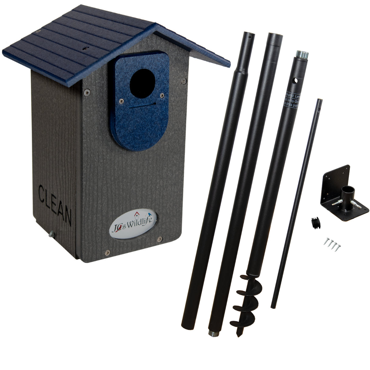 JCs Wildlife gray and blue recycled plastic birdhouse with mounting hardware including a ground auger and post a clean design and circular entry hole