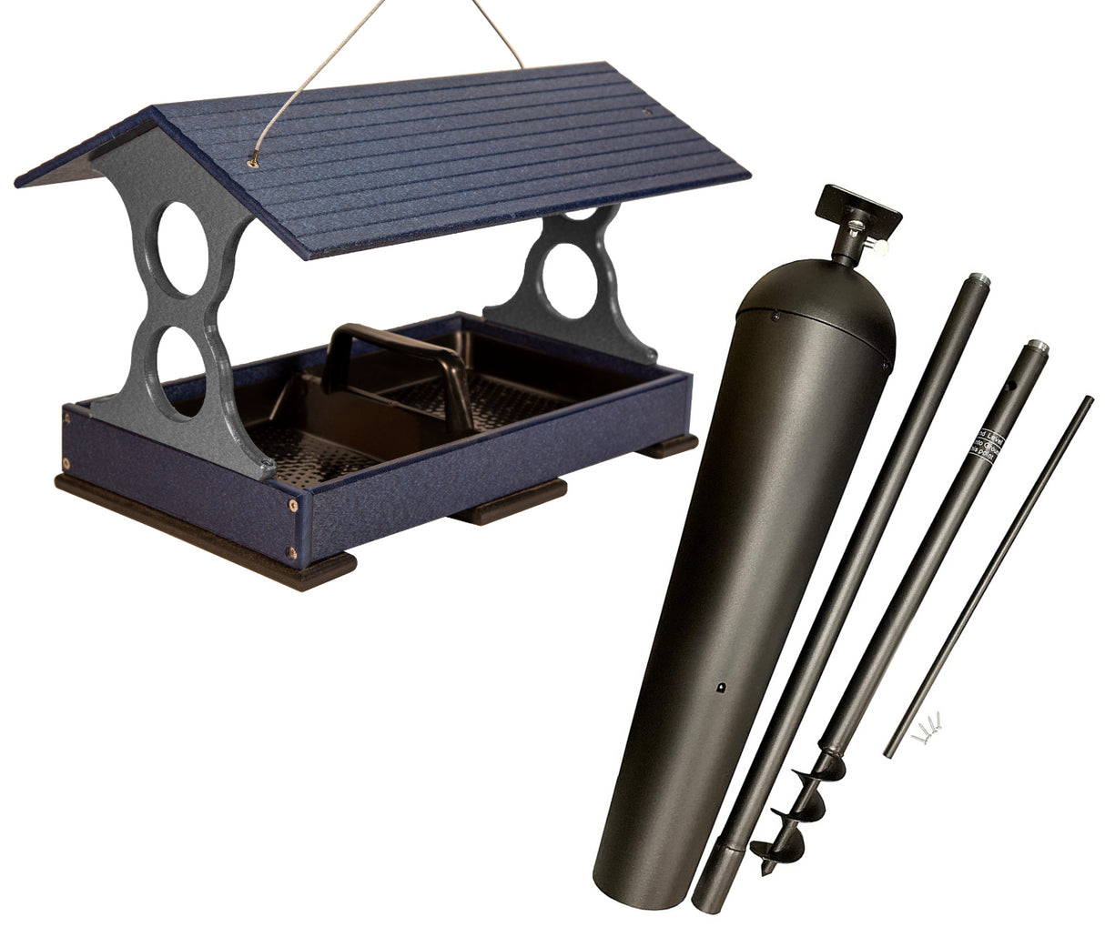 Product shot showing a blue and gray recycled plastic bird feeder with a protective roof and a black metal ground-feeding bird feeder with adjustable poles and a ground auger