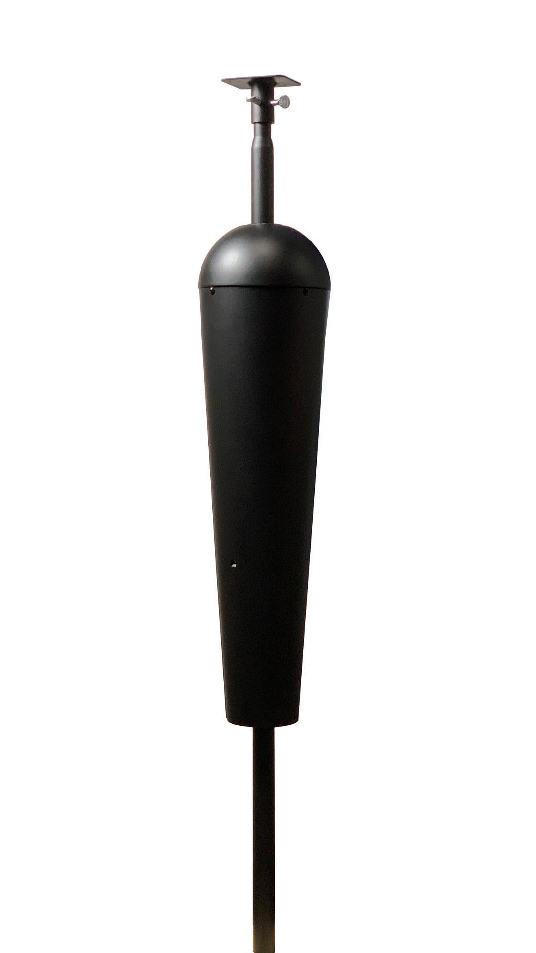 Product shot of a black metal post-mounted mailbox with a rounded top and a small square mounting plate featuring a subtle textured finish and a slightly tapered body against a white background