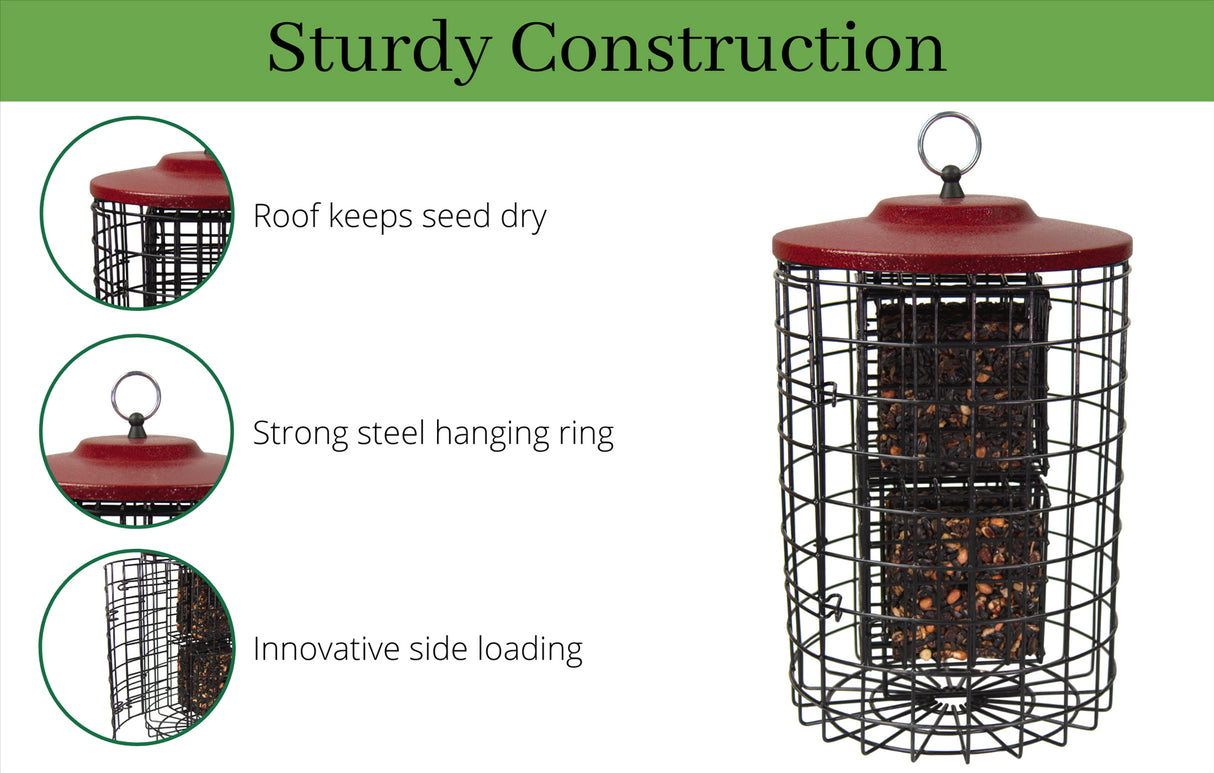 Squirrel Stopper Large Round Squirrel Proof Suet Feeder showcasing sturdy construction and features for easy bird feeding.
