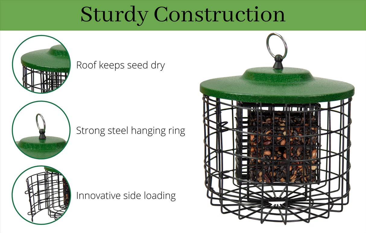 Sturdy construction of Squirrel Stopper suet feeder with innovative design and strong steel hanging ring.