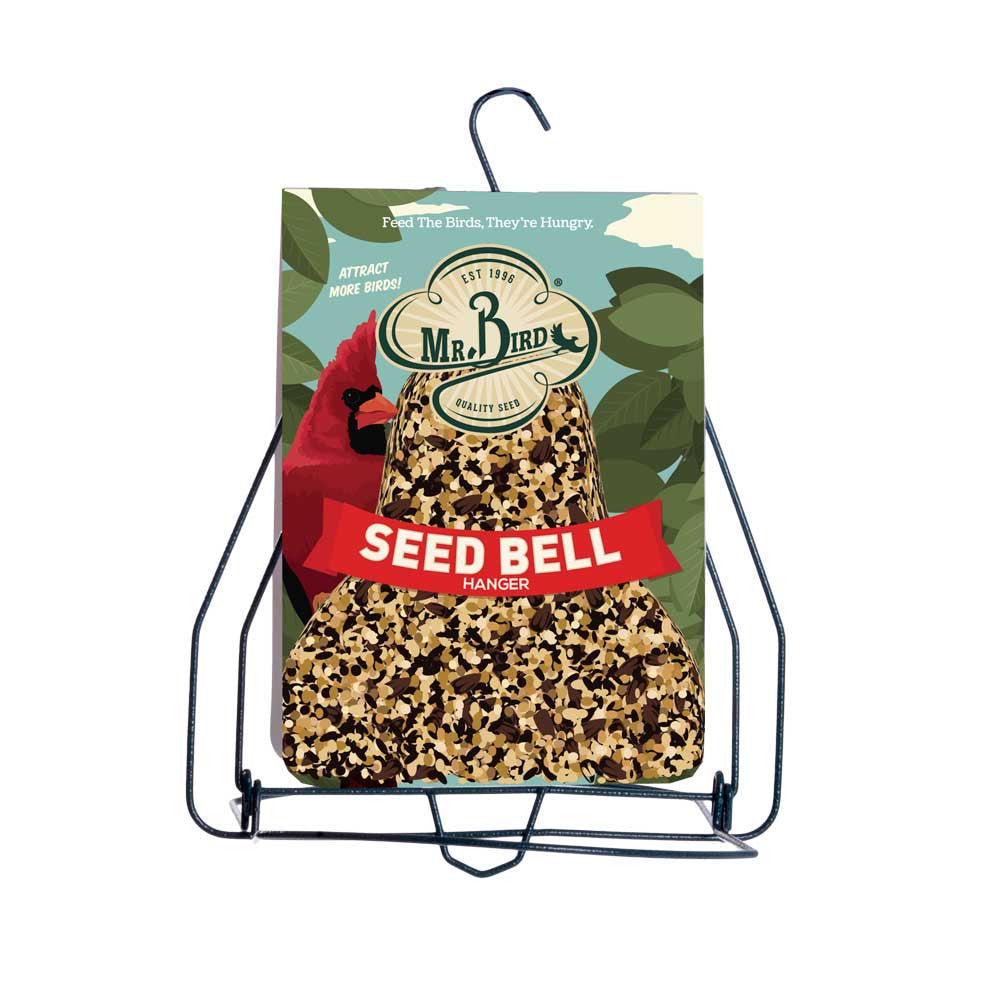 Product shot of Mr. Bird's Seed Bell Hanger featuring a vibrant cardinal, a bell-shaped seed container filled with a mix of seeds, and a rustic green and brown package design.