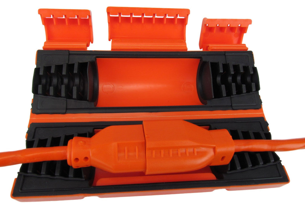 Product shot showing an orange and black plastic cord protector with an orange plug inside featuring textured gripping surfaces and hinged protective covers