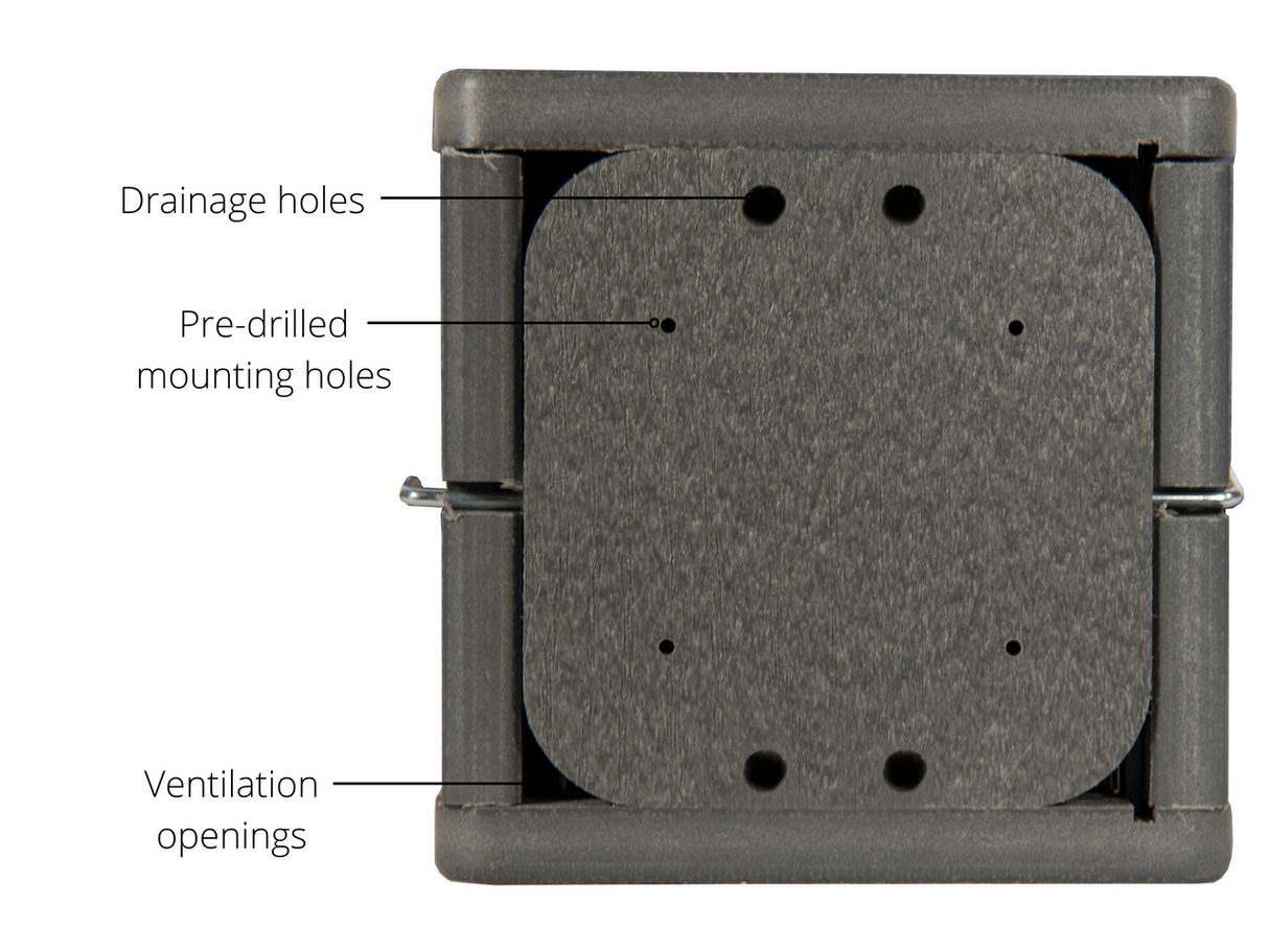 Product shot showing a dark gray plastic box with drainage holes pre-drilled mounting holes and ventilation openings