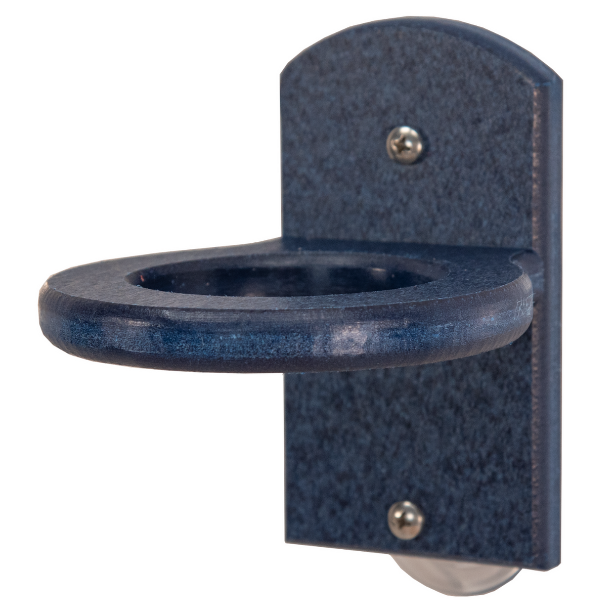 Product shot of a dark blue plastic wall-mounted cup holder featuring a rounded cup rest and suction cup base secured by screws