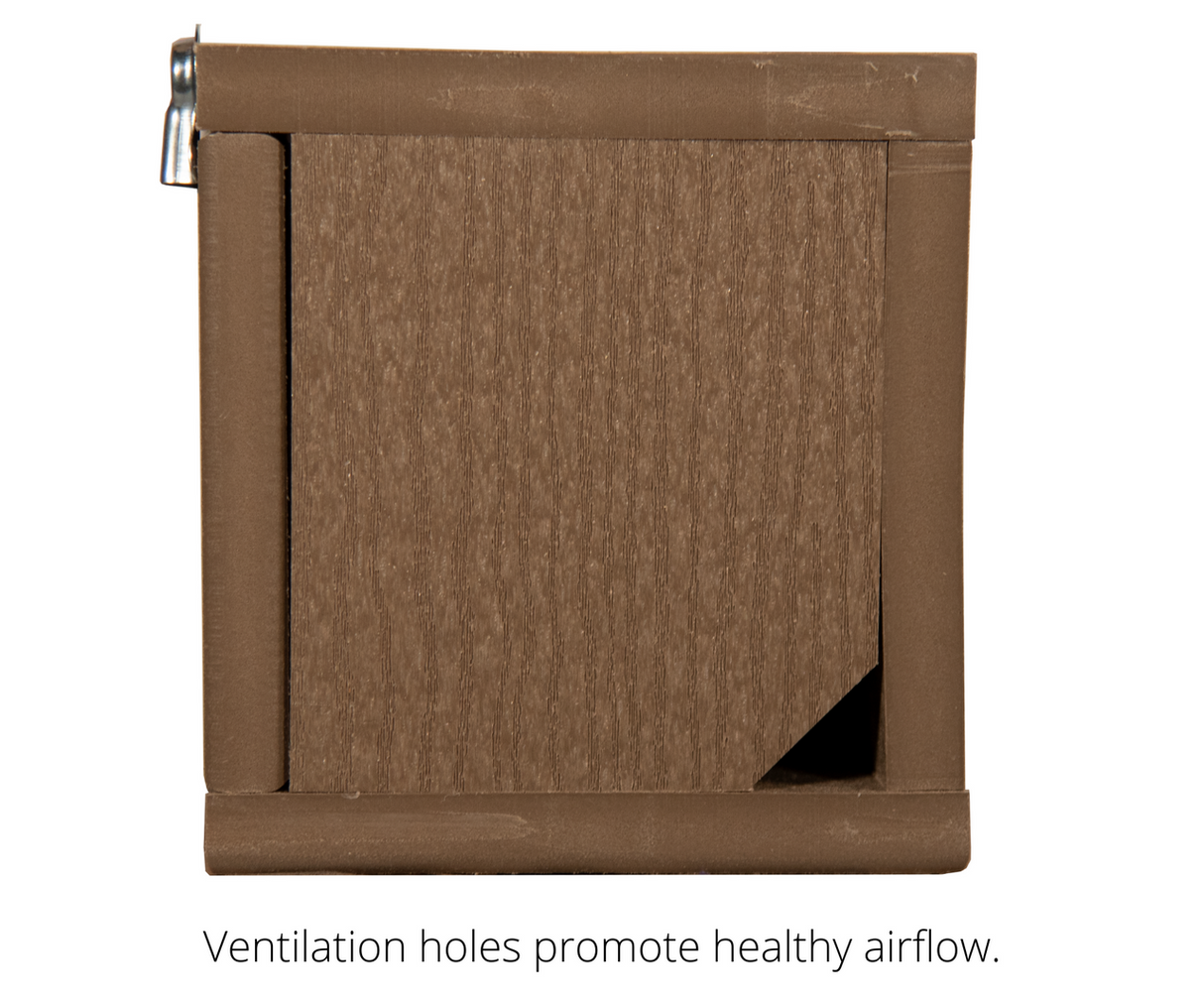 Product shot of a brown composite plastic storage box showing a ventilation slot and a metallic latch with wood-like texture and subtle grooves