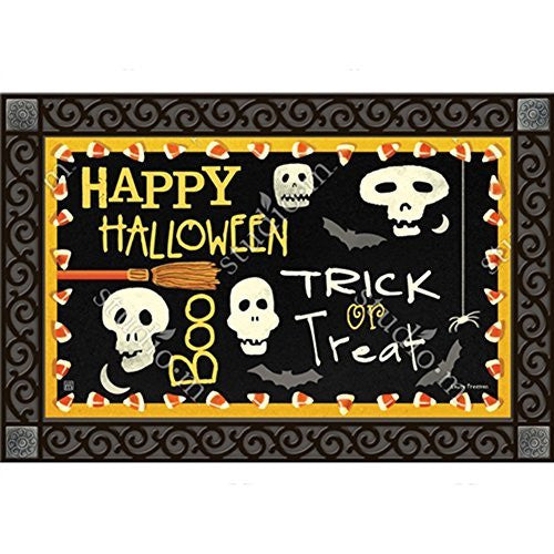 Halloween doormat featuring a black chalkboard design with skulls bats a broom candy corn and the phrases Happy Halloween and Trick or Treat