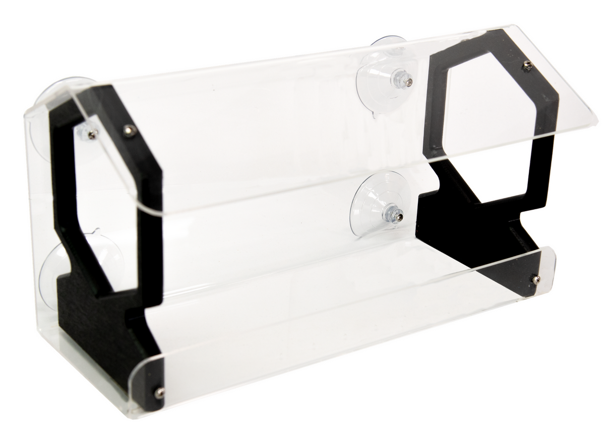 Acrylic and plastic bird feeder with suction cups clear panels black accents and hexagonal design elements