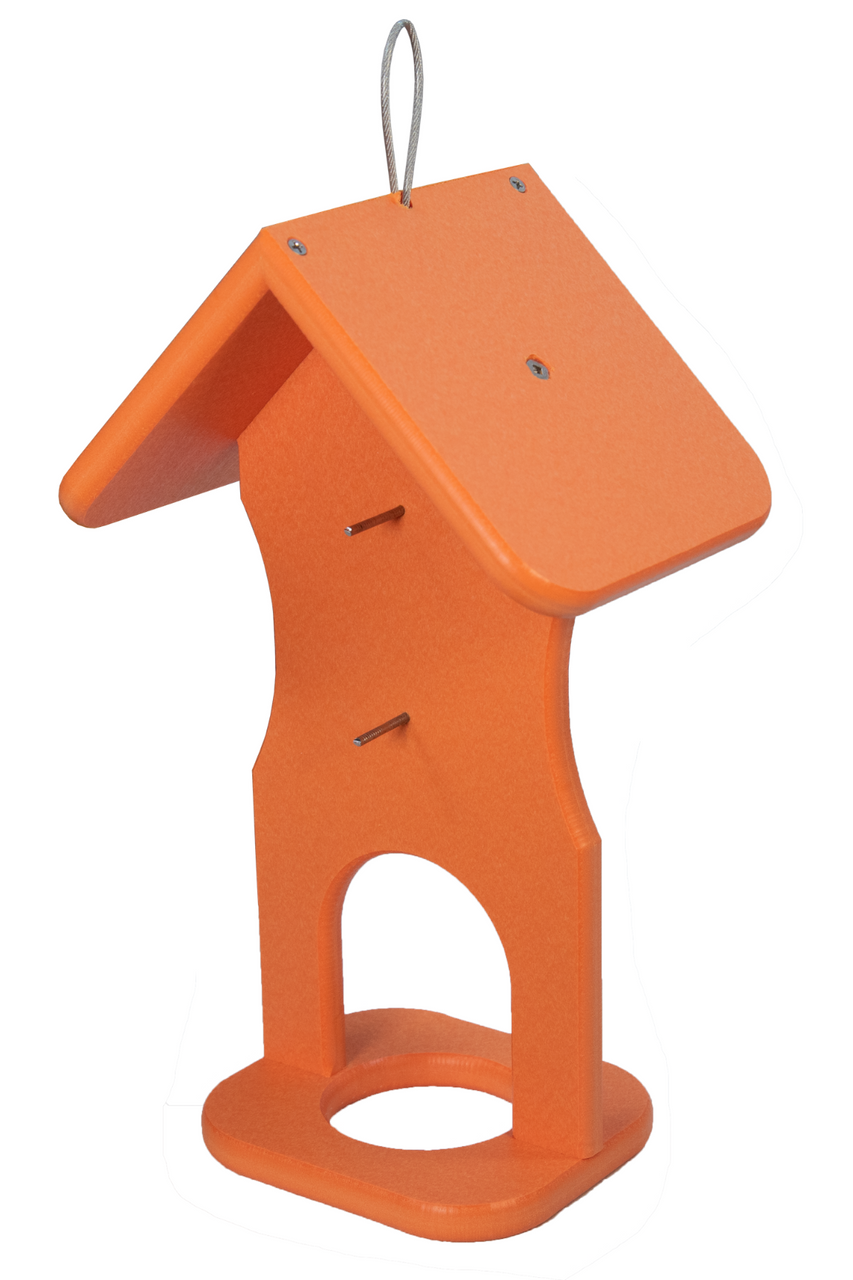 Plastic orange bird feeder with house-shaped roof featuring a gray hanging cord and two visible screws bright color and simple design