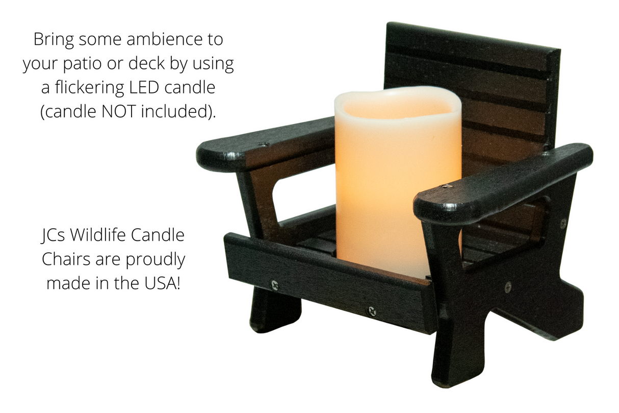 JCS Wildlife Mini White Adirondack Chair Candle Holder with LED candle, perfect for patio or deck decor.