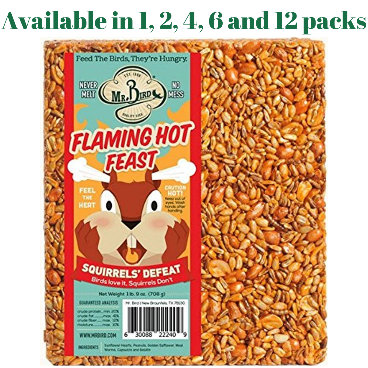 Mr. Bird's Flaming Hot Feast 1 lb. 9 oz. wild bird seed block; available in multiple packs, ideal for deterring squirrels.