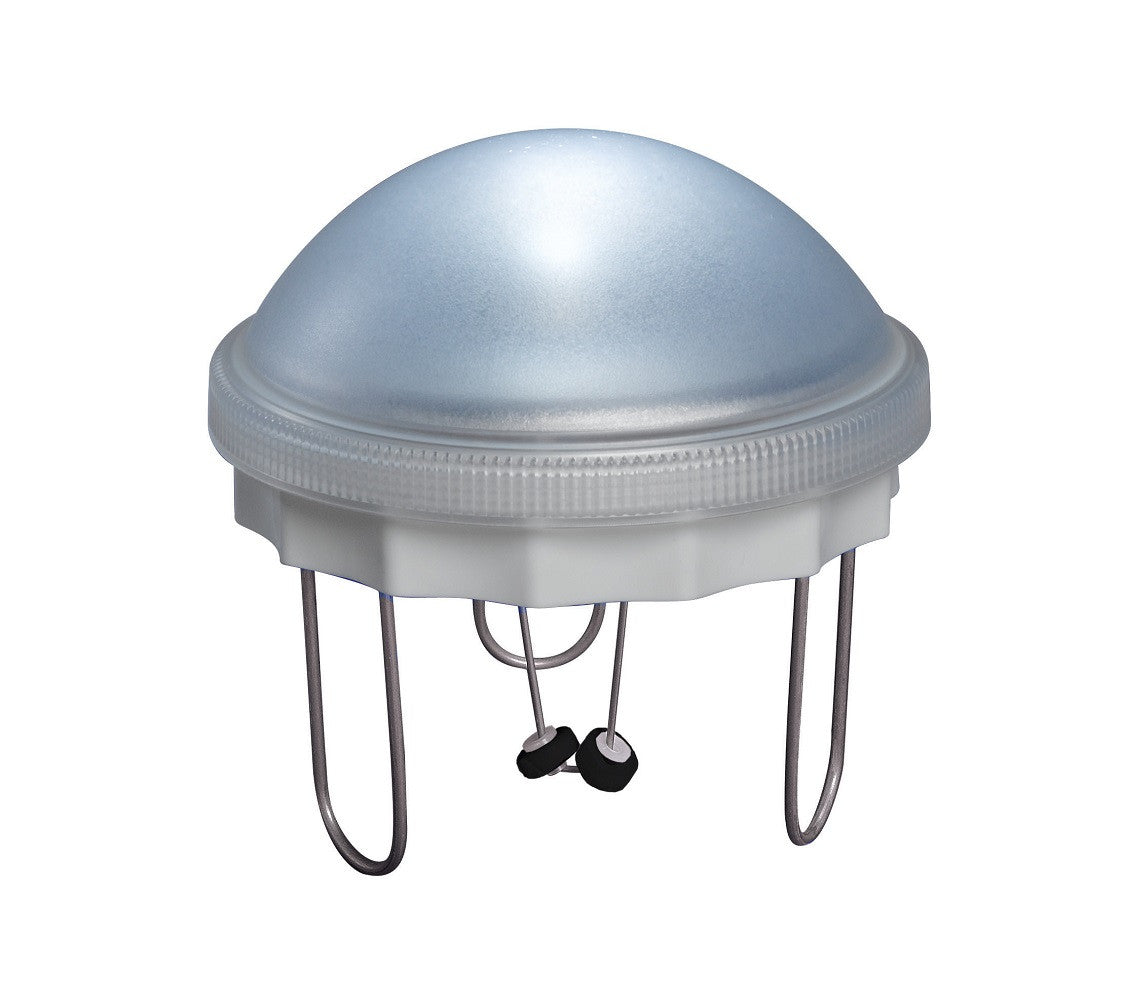 Product shot of a dome-shaped outdoor light with a frosted glass shade, grey metal legs, and two small black weighted feet.