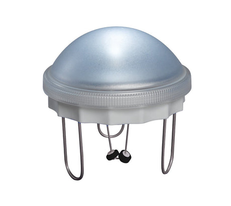 Product shot of a  dome-shaped  outdoor light with a frosted glass shade, grey metal legs, and two small black weighted feet.