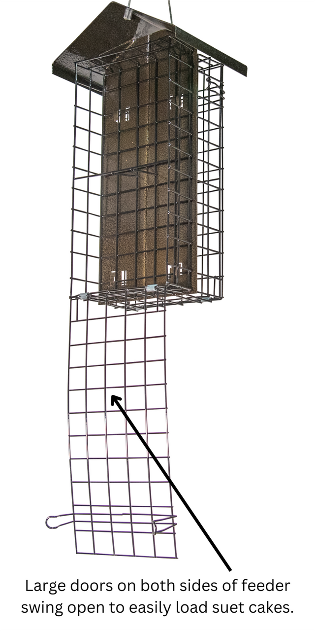 JCS Wildlife Metal House Four Cake Suet Cage in bronze, featuring large doors for easy access to suet cakes.