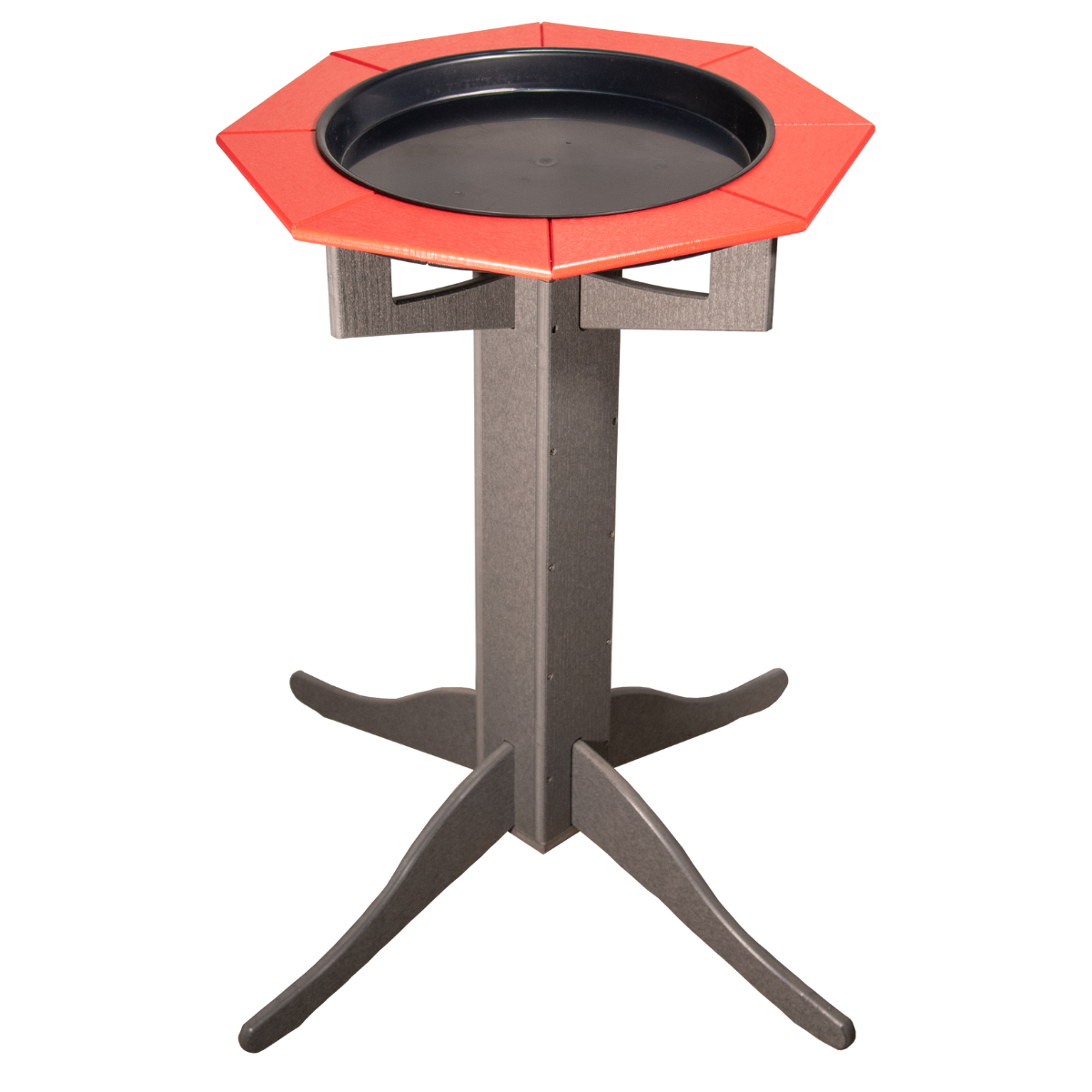 JCS Wildlife Poly Lumber Gray Pedestal Garden Bird Bath with red rim, easy to clean and durable for long-lasting use.