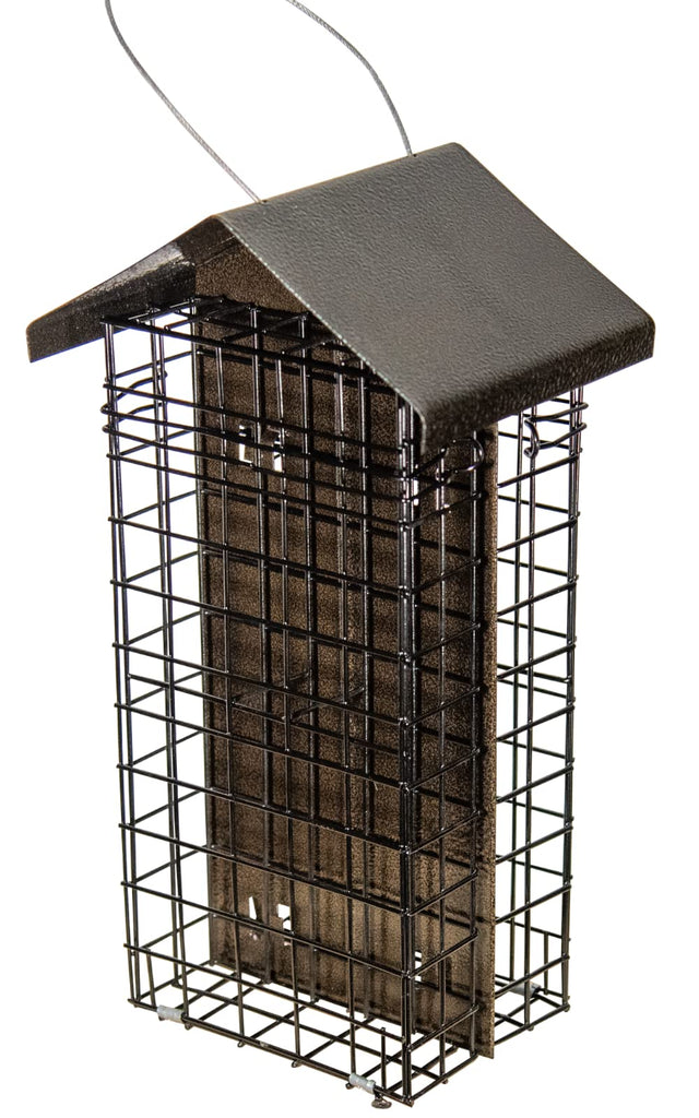 JCS Wildlife Metal House Four Cake Suet Cage in bronze, designed for attracting birds to your yard.