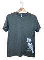 T-shirt design featuring a stylized white bird wearing sunglasses on a dark gray tee with the words Rare Bird Sighting
