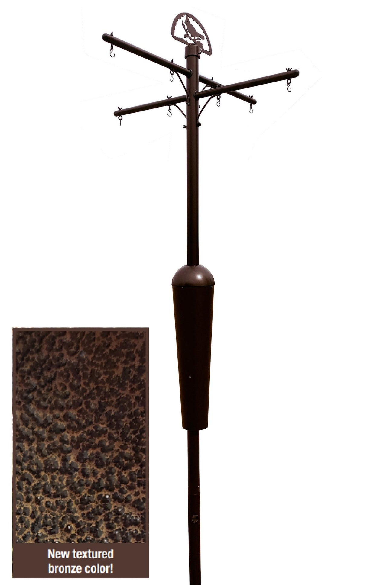 Product shot showing a bronze-colored metal multi-feeder bird station with a cardinal silhouette, featuring a textured finish, multiple hanging hooks and a decorative finial.