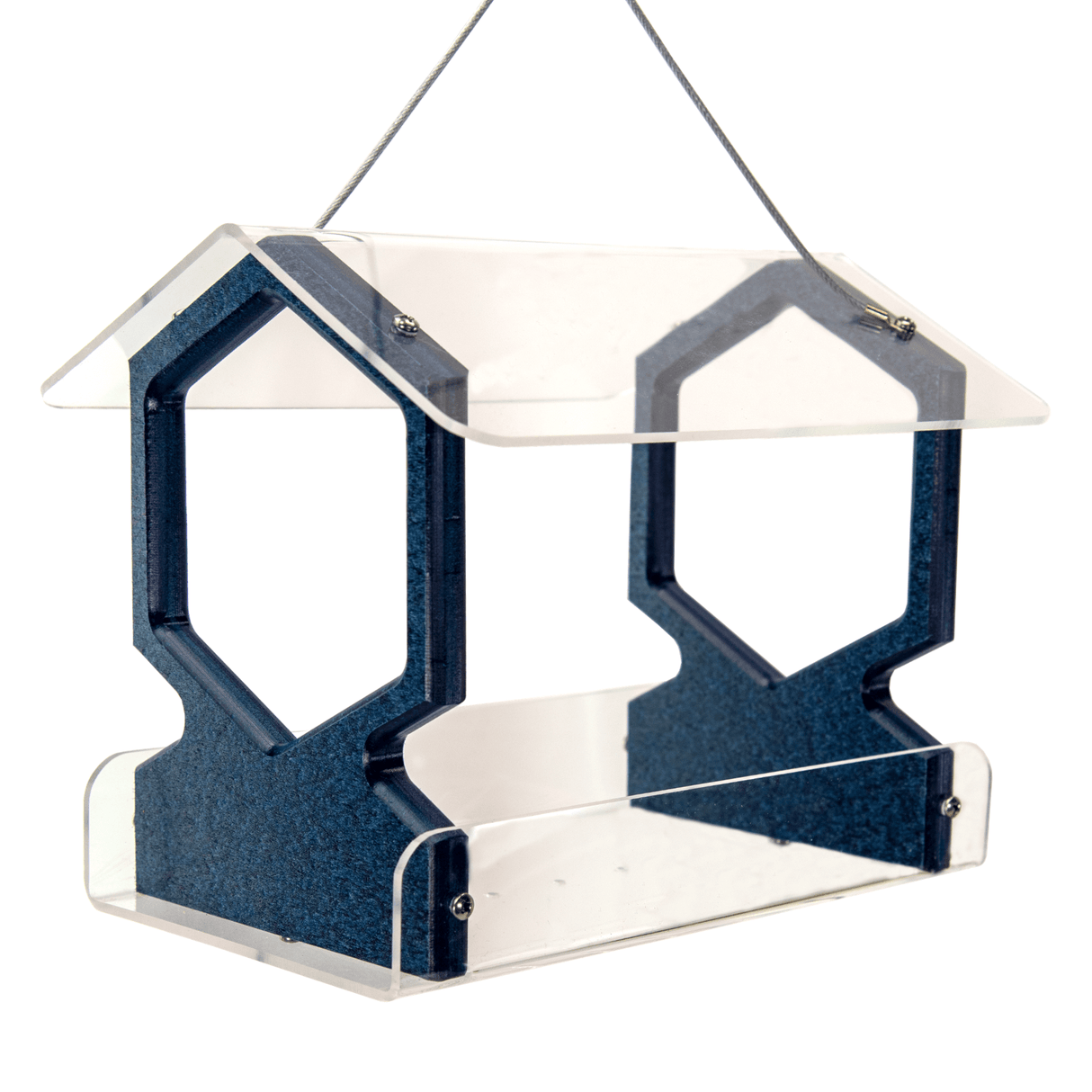 Contemporary acrylic and composite bird feeder with a house-shaped design featuring hexagon cutouts, clear acrylic roof, and dark blue speckled composite body hanging from a thin wire.