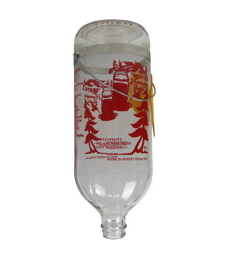 Glass hummingbird feeder from Poteet, Texas featuring red stylized plants and hummingbirds a wire hanger and yellow label