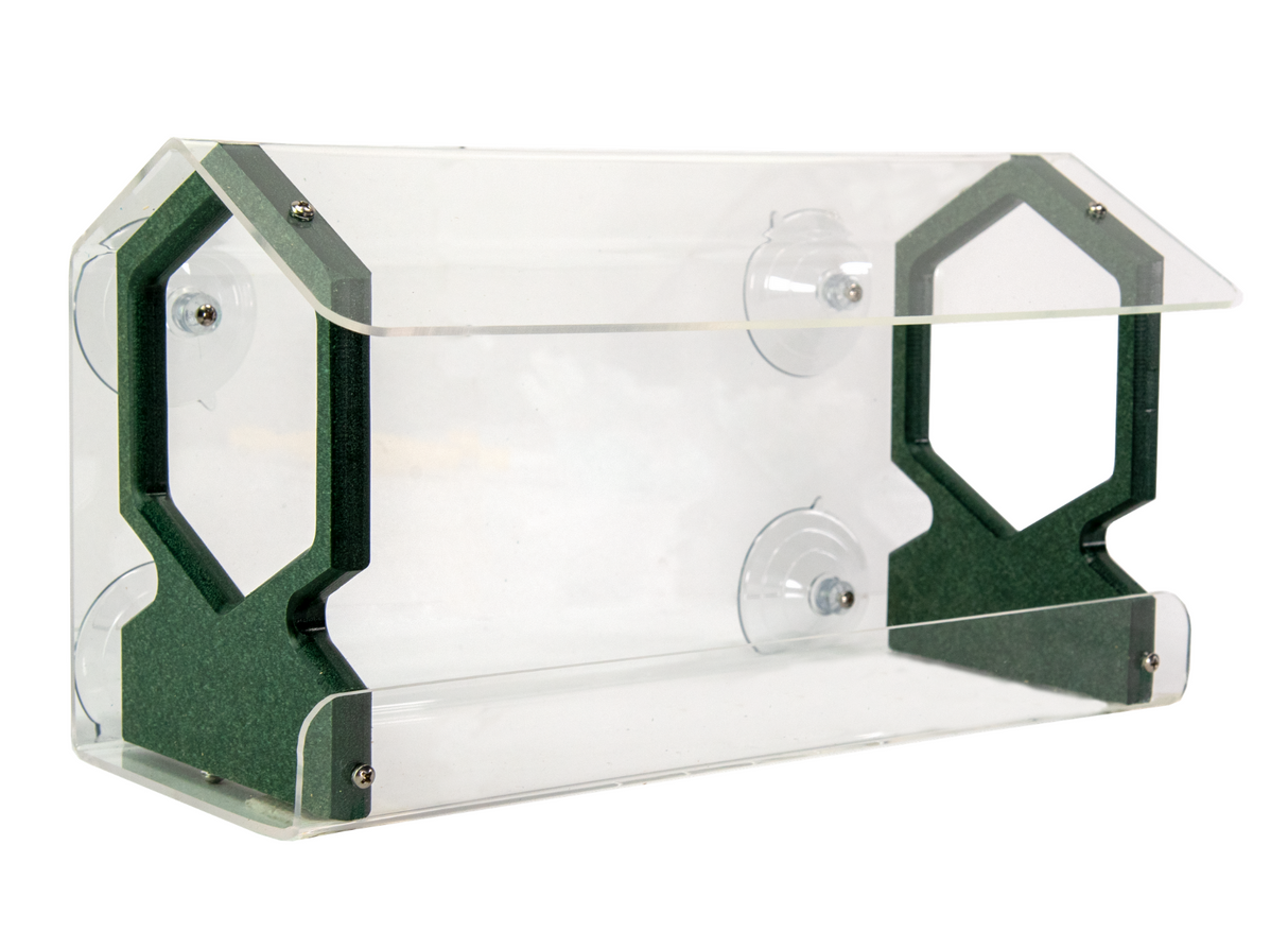 Product shot of an acrylic and dark green plastic bird feeder featuring suction cups hexagonal cutouts and silver screws.