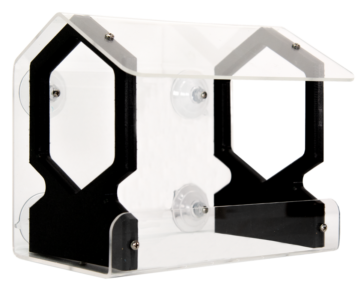 Acrylic bird feeder with black accents and suction cups showcasing a clear design and house-shaped structure.