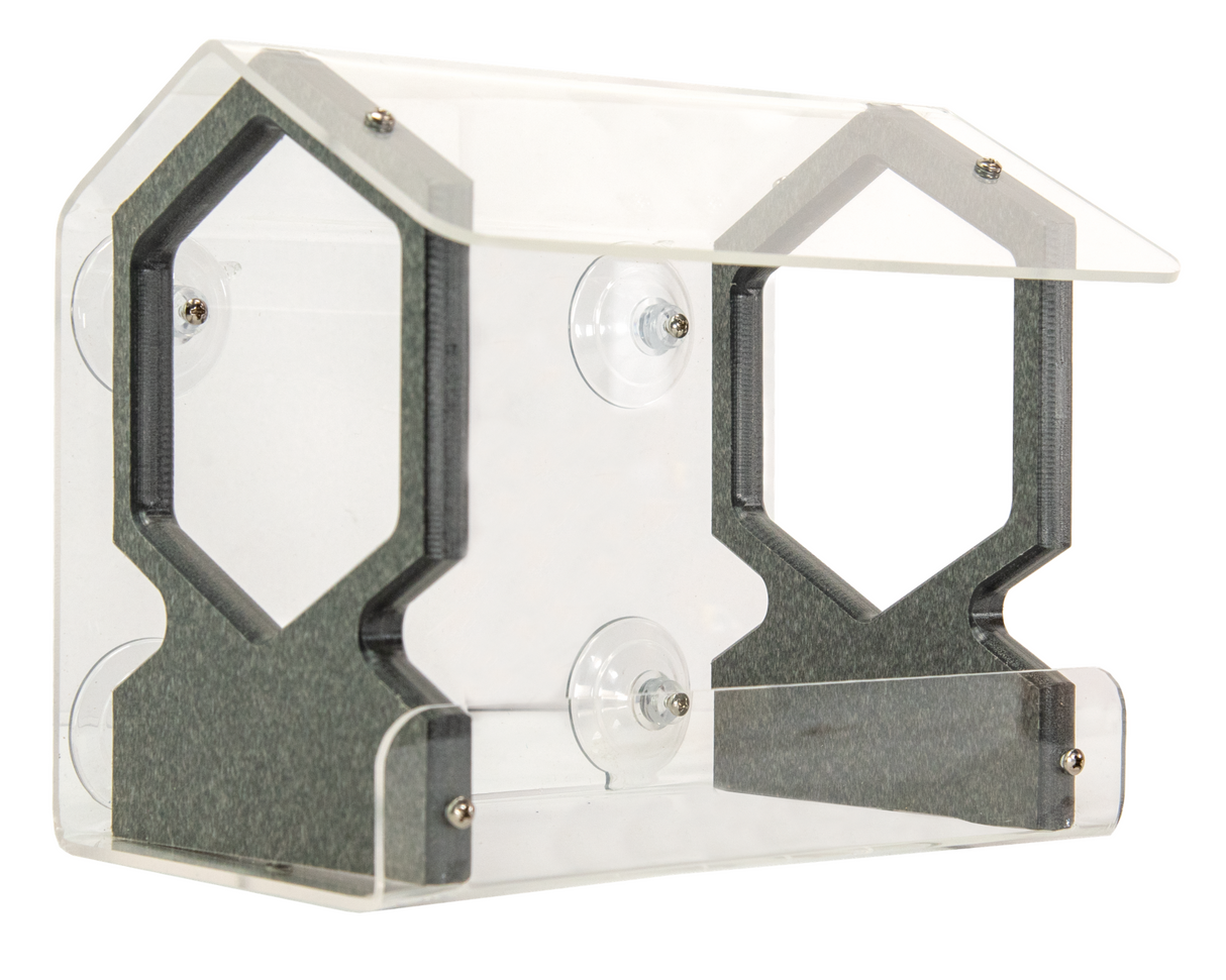 Plastic and composite bird feeder with suction cups a clear acrylic house-shaped design featuring dark gray geometric cutouts and silver screws