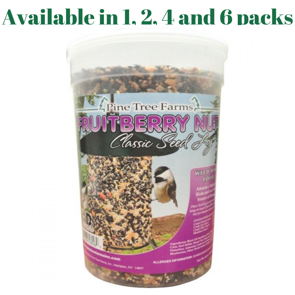 Pine Tree Farms 8006 Fruit Berry Nut Classic Seed Log in a container, available in 1, 2, 4, and 6 packs for wild birds.