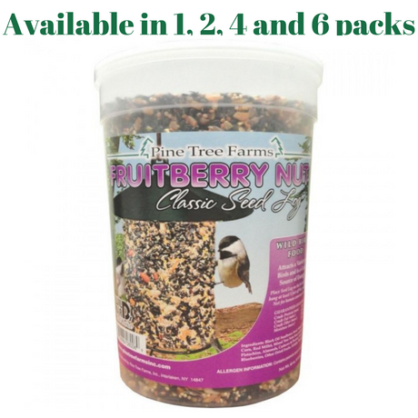 Pine Tree Farms 8006 Fruit Berry Nut Classic Seed Log in a container, available in 1, 2, 4, and 6 packs for wild birds.