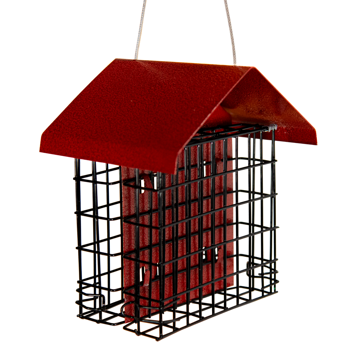 Metal wire bird feeder with a dark red house-shaped top featuring a textured finish and hanging from thin wire against a white background.