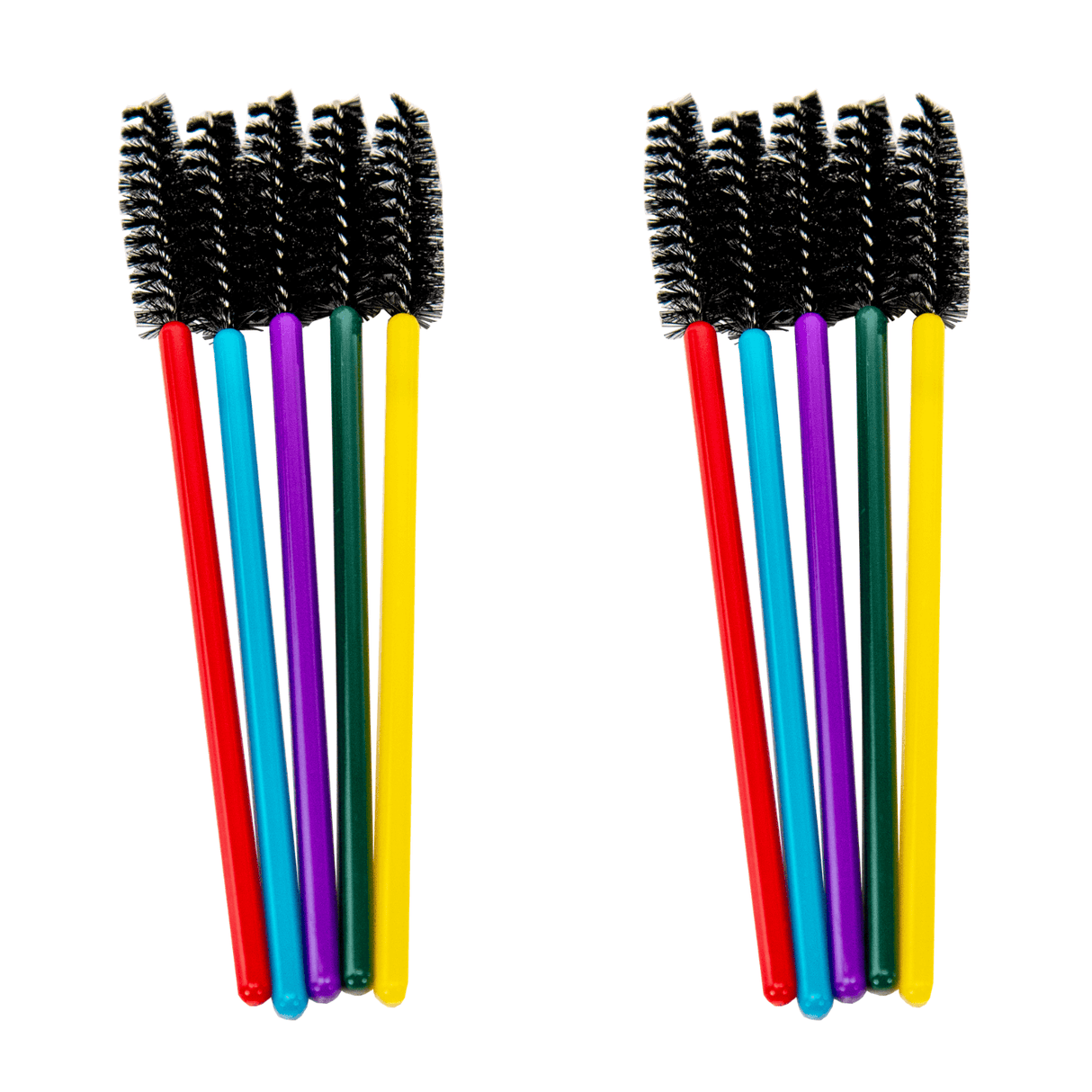 Product photography of two sets of colorful eyelash brushes with black bristles red blue purple and yellow handles against a white background
