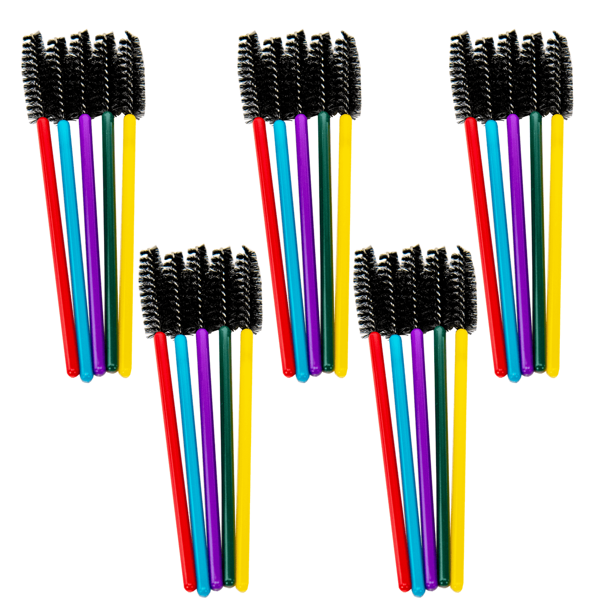 Product shot showing fifteen colorful eyelash wands with black bristles arranged in groups of five against a white background red turquoise purple green and yellow handles are visible.