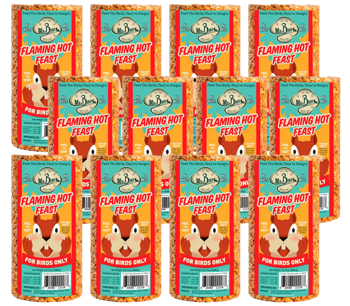 Mr Bird's Flaming Hot Feast bird food, twelve cylinders, featuring a cartoon squirrel, vibrant orange and yellow seeds, and a cautionary hot label.