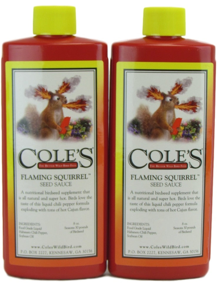 Cole's Flaming Squirrel Seed Sauce 8 oz bottles, a spicy birdseed supplement to attract birds and deter squirrels.