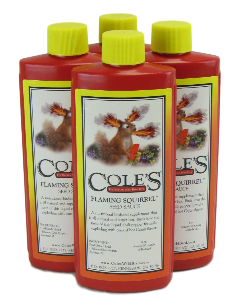 Cole's Flaming Squirrel Seed Sauce 8 oz liquid squirrel deterrent in 4-pack for enhancing birdseed flavor.