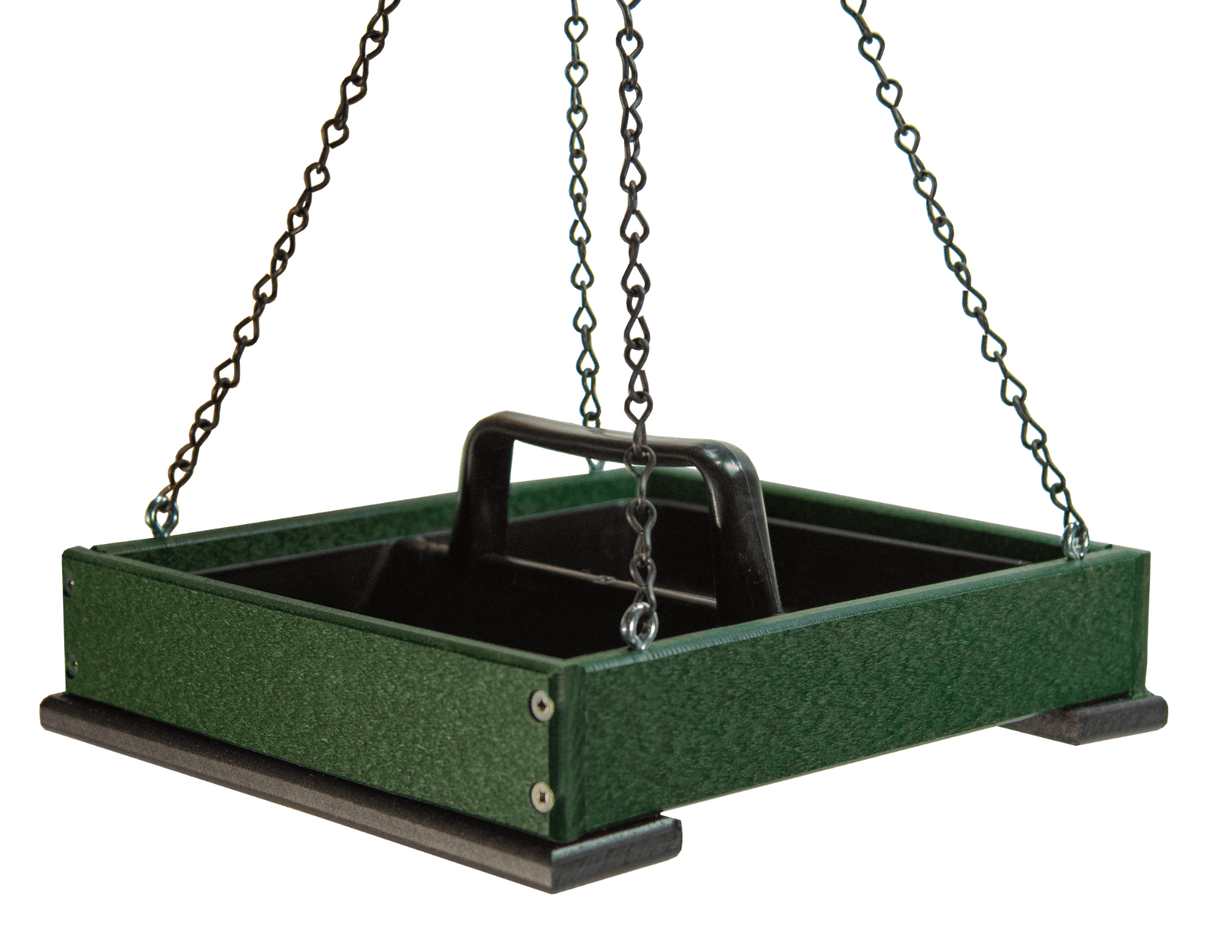 JCS Wildlife Medium Poly Lumber Hanging Platform Feeder with removable tray in green color.