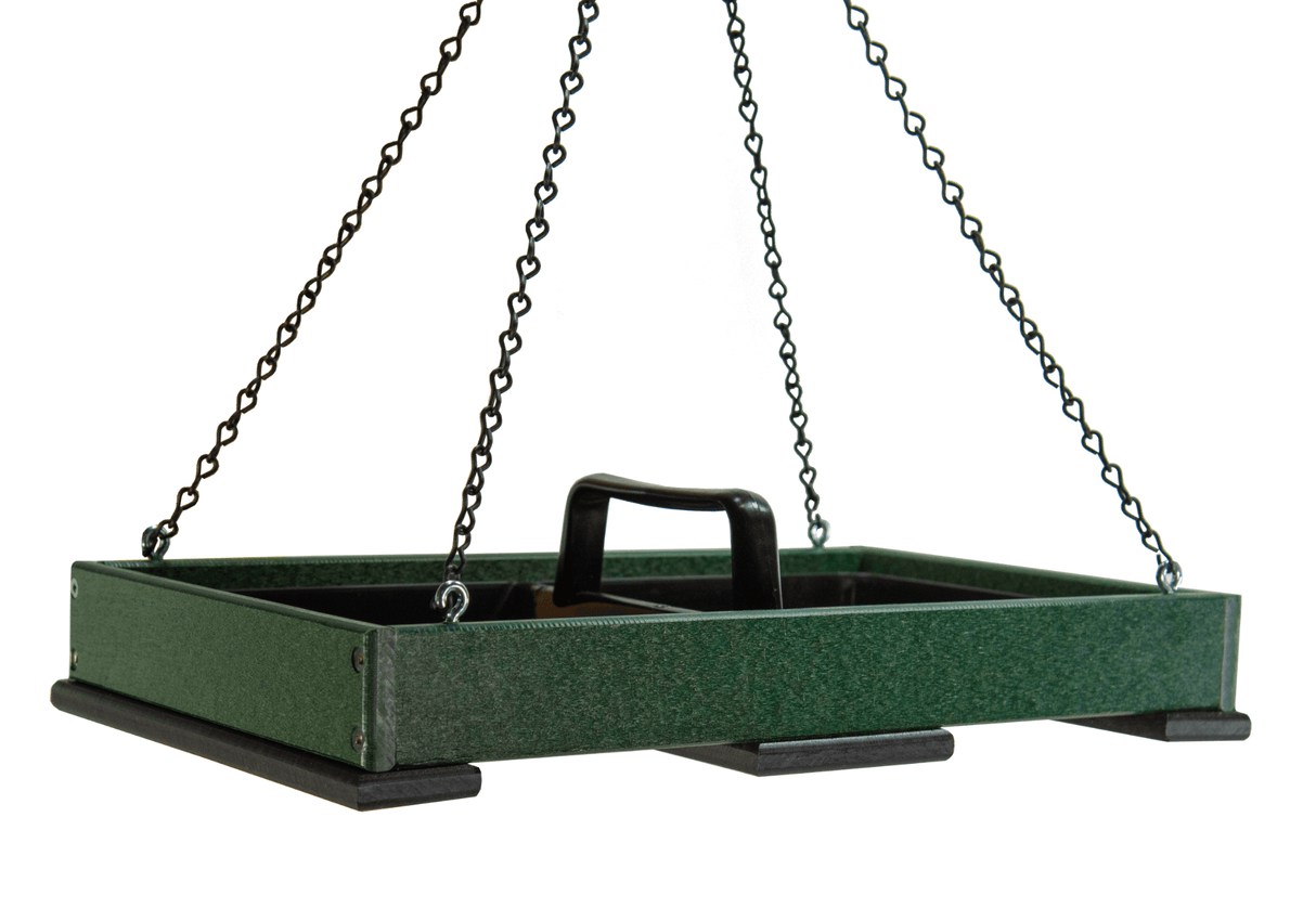 JCS Wildlife Large Poly Lumber Hanging Platform Feeder in green color with removable tray and durable construction.
