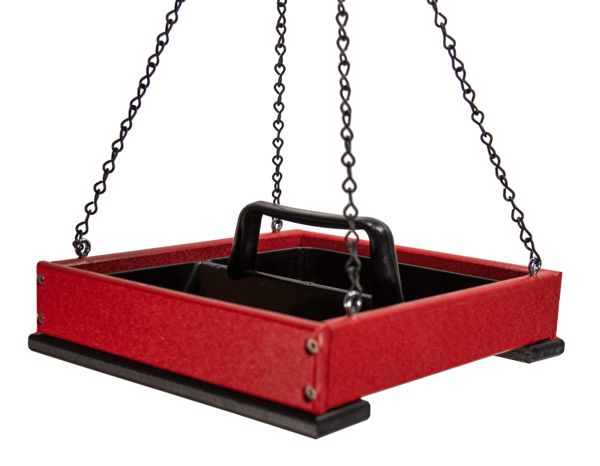 JCS Wildlife Medium Poly Lumber Hanging Platform Feeder in red, perfect for attracting birds to your garden.