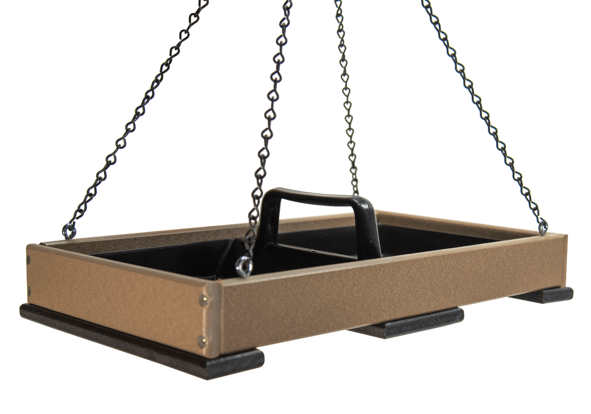 JCS Wildlife Large Poly Lumber Hanging Platform Feeder in brown, featuring a removable tray and durable chains.