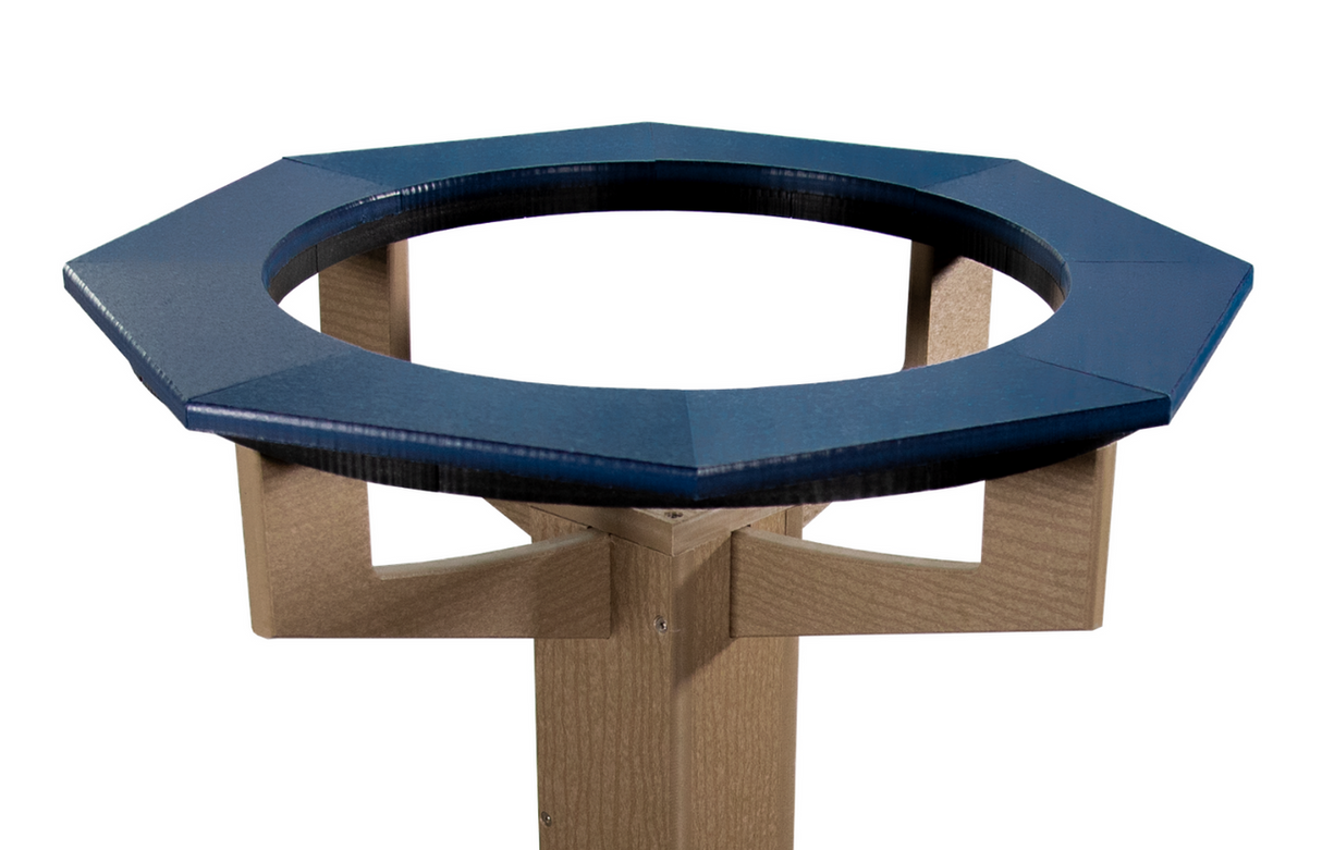 Close-up of JCS Wildlife Poly Lumber Tan Pedestal Garden Bird Bath with blue rim and durable design.
