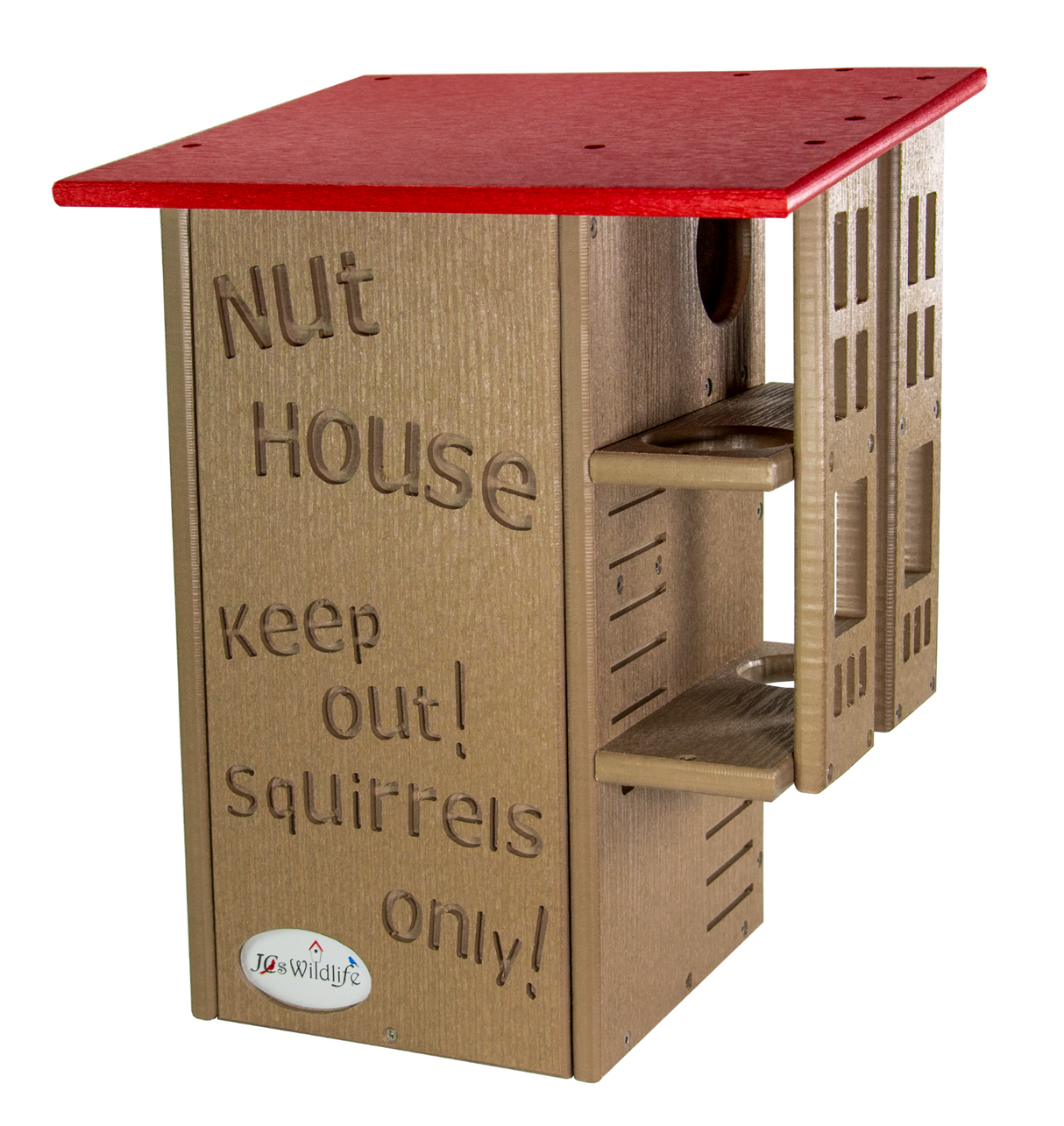 JOS Wildlife's recycled plastic nut house features a bright red roof, carved Keep Out! message, and multiple feeding platforms for squirrels only